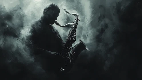 Silhouette saxophonist plays through swirling smokey haze