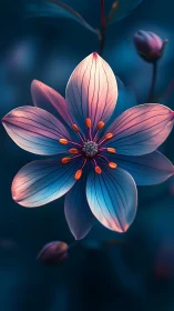 Five-petal flower with gradient pink-to-blue petals and orange stamens
