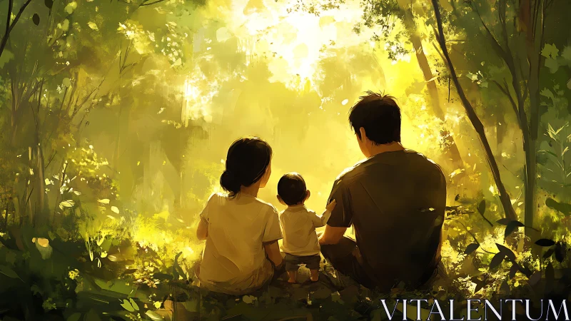 Family sits in sunlit forest clearing, sharing quiet peace.