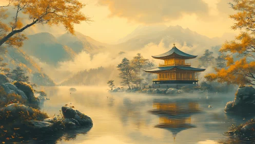 Pagoda structure by misty lake within mountain valley.