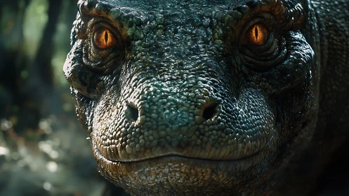 Predatory reptile stares ahead with molten amber eyes.