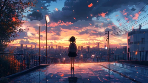 Backlit student silhouette observes high-rise city at sunset glow