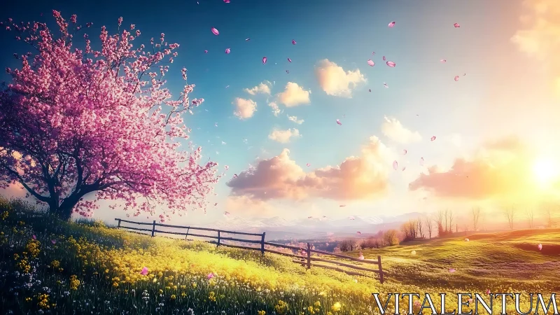 Springtime hillside where cherry petals chase the sunrise.