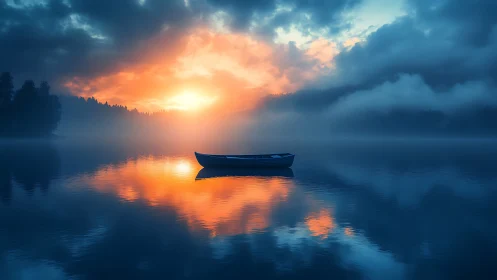 Solitary lake boat drifts beneath a sky of burning mist