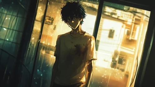 Brooding anime boy in bloodstained shirt near window at dusk.