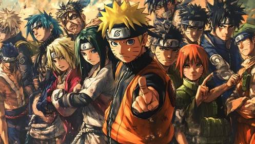 Dynamic ninja lineup in dramatic anime illustration.