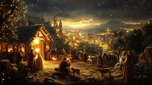 Midnight nativity glows above a starlit, golden valley town.