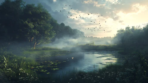 Gentle dawn mist drifting over a quiet forest river.