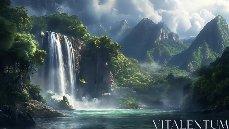 Misty emerald waterfall cove in a tranquil hidden valley.