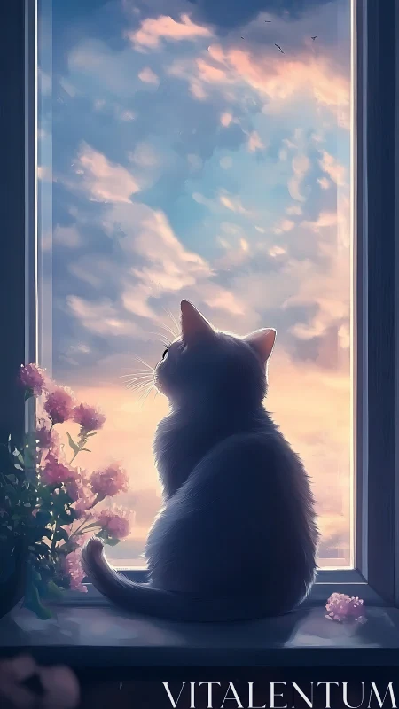 Cat seated at window observing sky with flowers