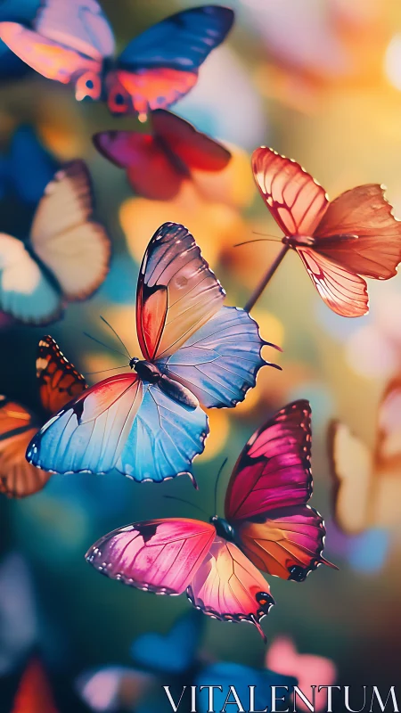 Iridescent butterflies glide through bokeh-lit chromatic air