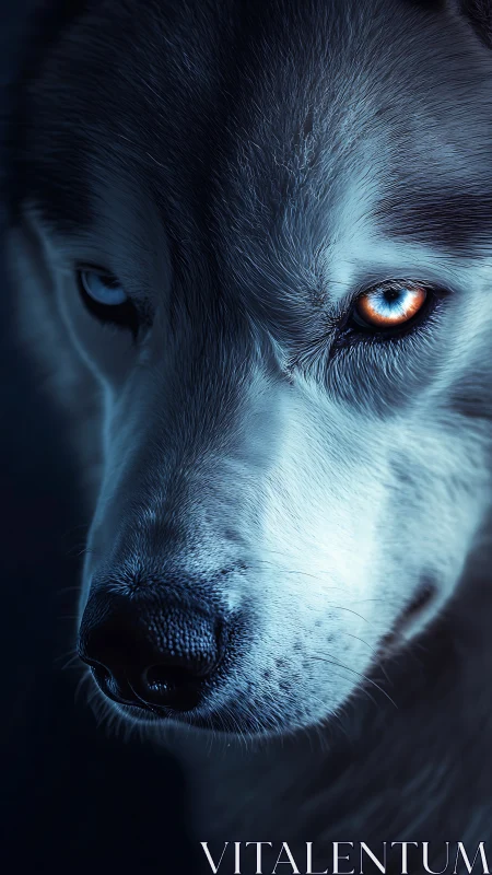 Midnight husky gaze with glowing mismatched eyes.