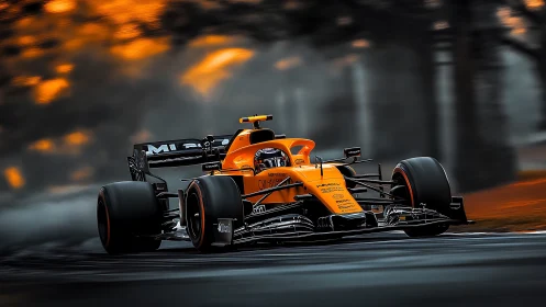 Orange Formula One car cuts through a blurred autumn racetrack