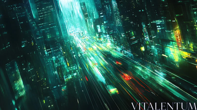 Neon expressway slicing through rain-soaked cyber cityscape.