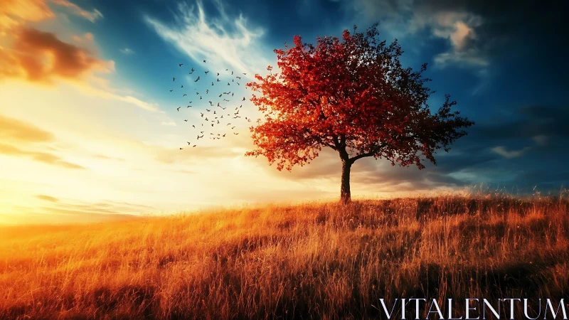 Solitary autumn tree crowned by birds at glowing sunset.