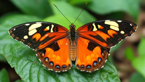 Vibrant orange butterfly rests on lush green foliage
