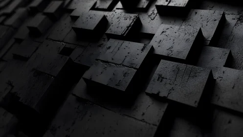 Dark geometric cubes abstract 3D render with industrial texture.