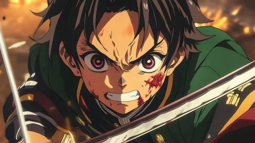 Dynamic close-up of battle-ready anime swordsman with motion blur