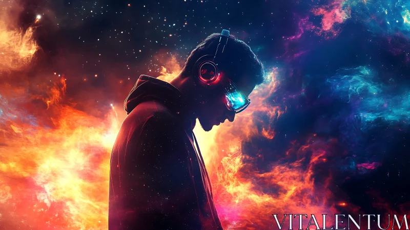 Stargazing headphones and cosmic light around a quiet dreamer.