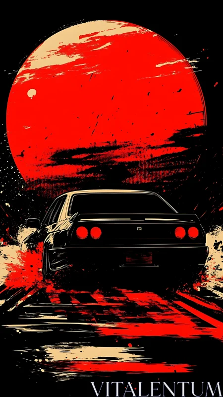Retro sports car races beneath blazing red moon.