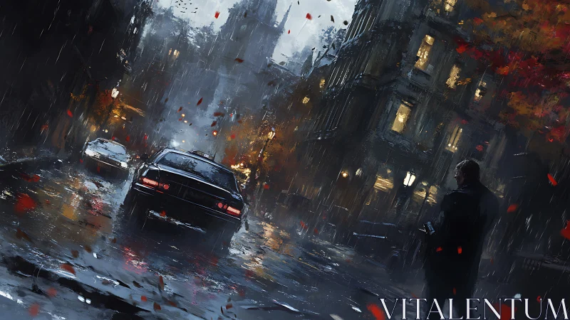 Rainy city street with cars and lone figure at night.