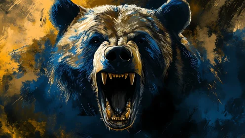 Digital painting of roaring bear with dynamic brushwork focus.