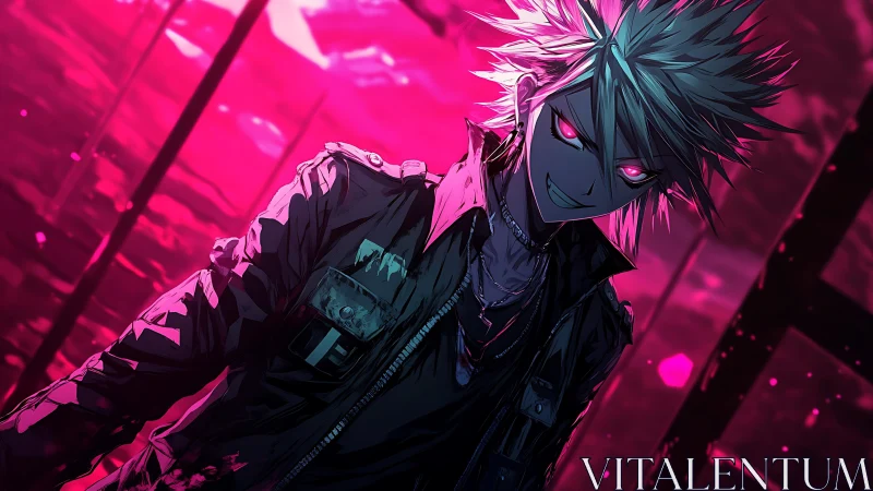 Edgy anime figure with glowing red eyes in neon city.