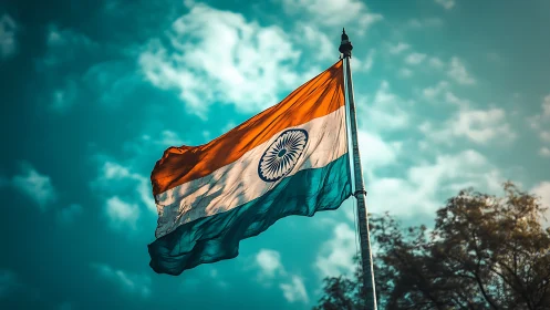 Indian national flag on pole against soft cloudy sky.