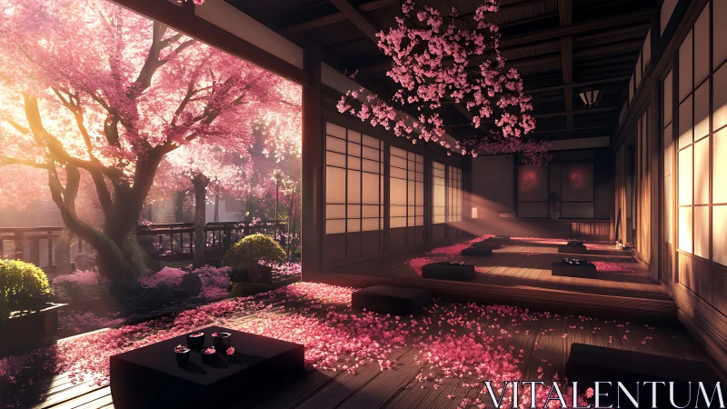 Sunlit tatami hall opens toward blooming cherry garden