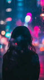 Silhouetted figure at rainlit neon window, urban nightscape.