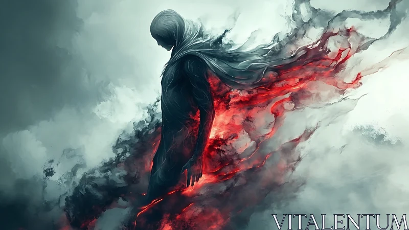 Dark spectral figure dissolving into red ethereal flame.