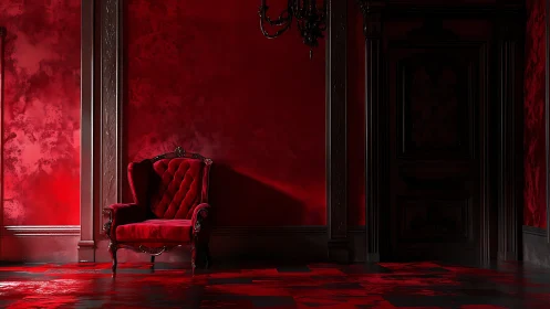 Red velvet armchair in dark baroque style interior room.