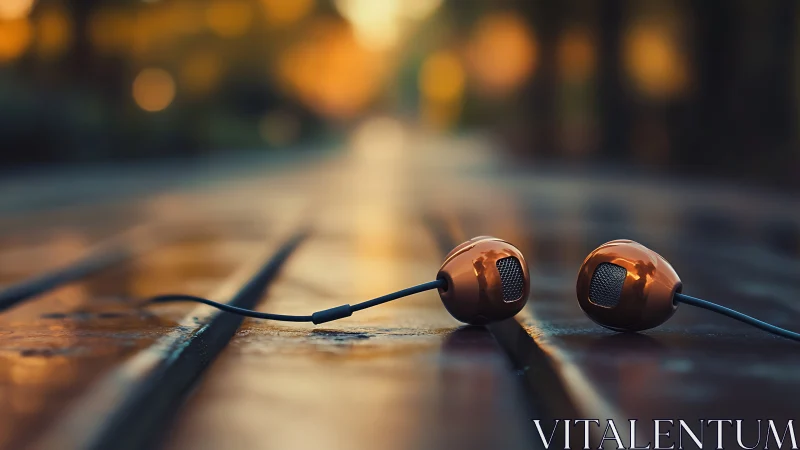 Soft copper earbuds rest on a sunlit wooden path at dusk