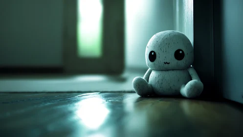 Cute white plush toy leaning quietly against door frame.