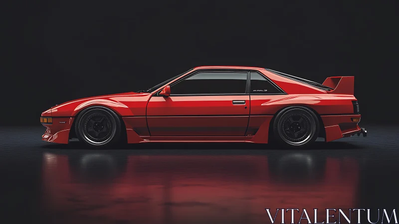 Low-slung red sports coupe rendered in dramatic side profile