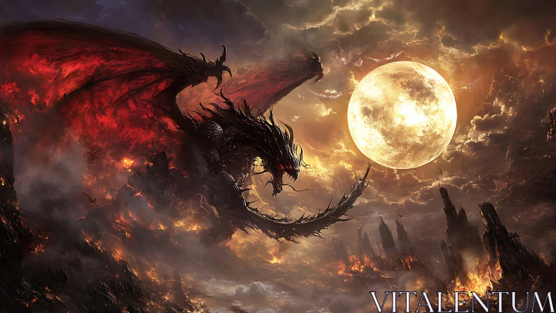 Fierce crimson dragon soaring beneath a blazing full moon.