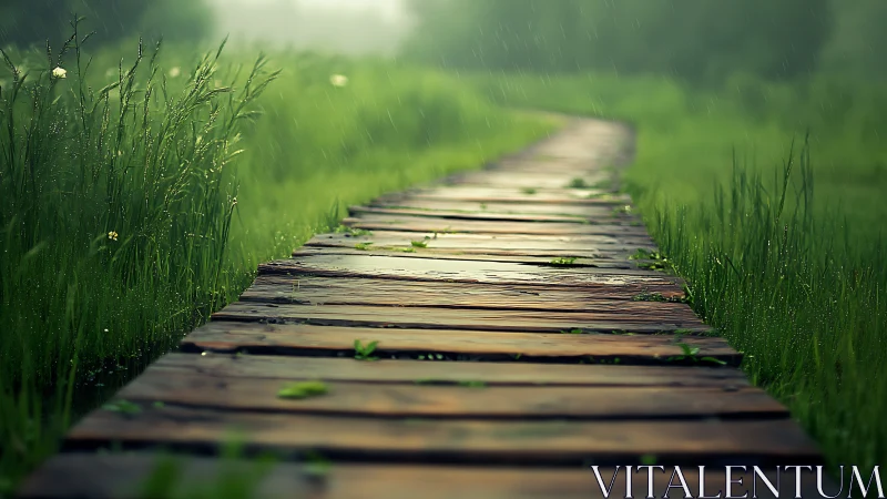 Wet wooden path through lush green meadow in soft rain.