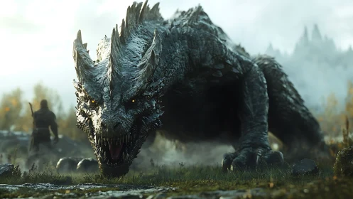 Colossal dragon lunges toward warrior in misty valley.