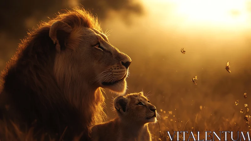 Adult lion and cub in golden hour savanna light.