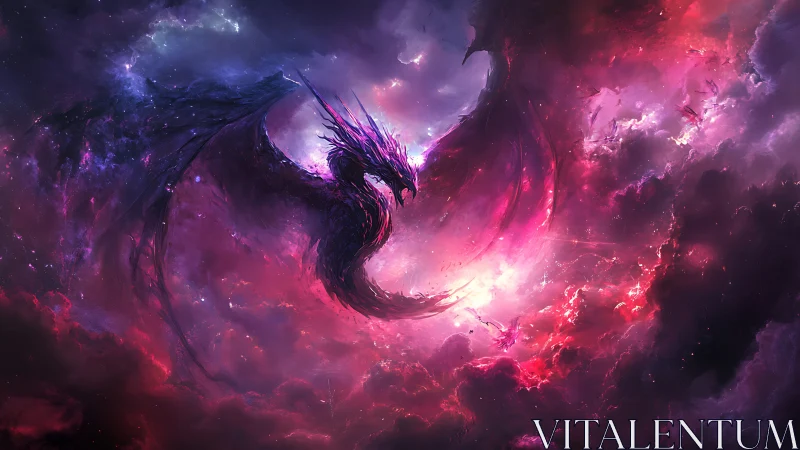 Cosmic nebula dragon unfurls wings in blazing starfire sky.