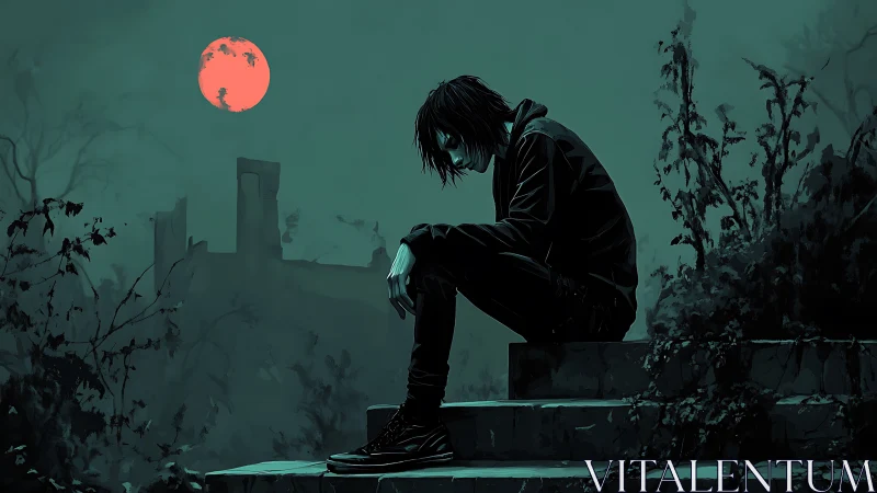 Solitary figure on steps under red moonlit night.