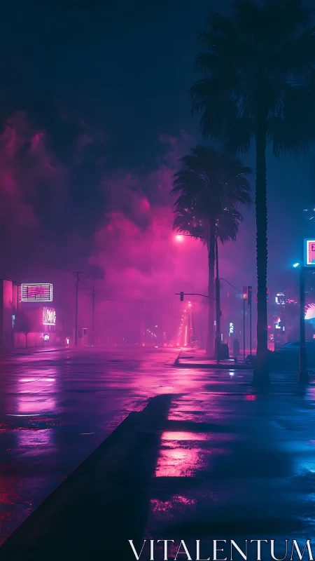 Neon fog boulevard with dreaming palms at midnight hush.