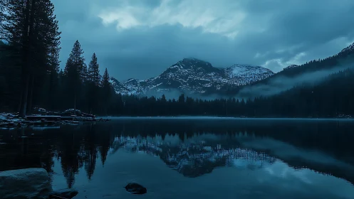 Snowcapped mountains reflect in misty blue alpine lake at dusk