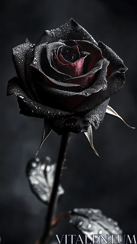 Velvet-black rose glistening gently under midnight light.