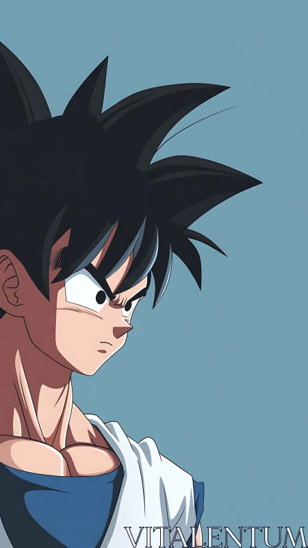 Stoic anime warrior gazes sideways against clear sky backdrop.