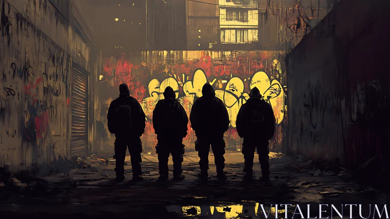 Urban alley silhouettes before illuminated graffiti wall at dusk.