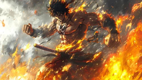 Blazing warrior erupts from stormfire with molten resolve.