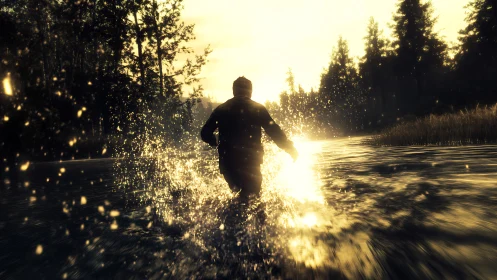 Silhouetted runner splashes through glowing river at dusk.