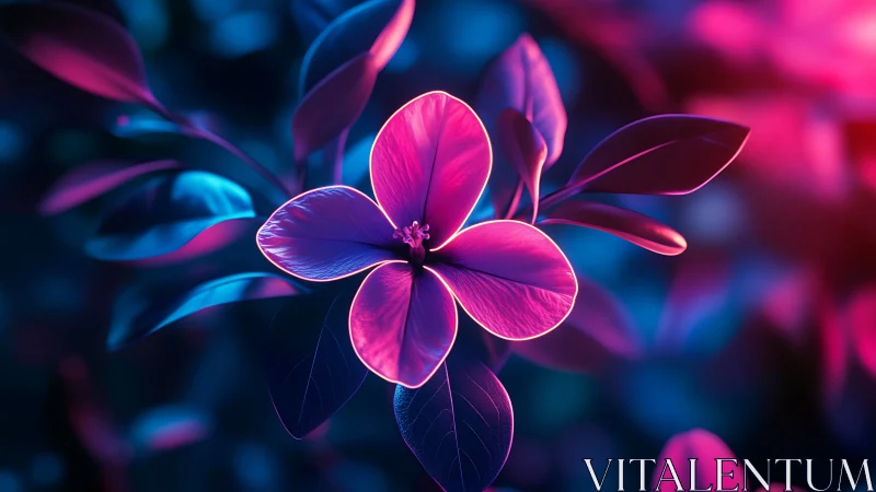 Neon pink blossom glows against deep blue bokeh background.