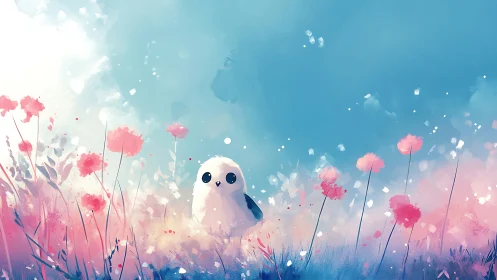 Small white bird stands in stylized pink flower meadow